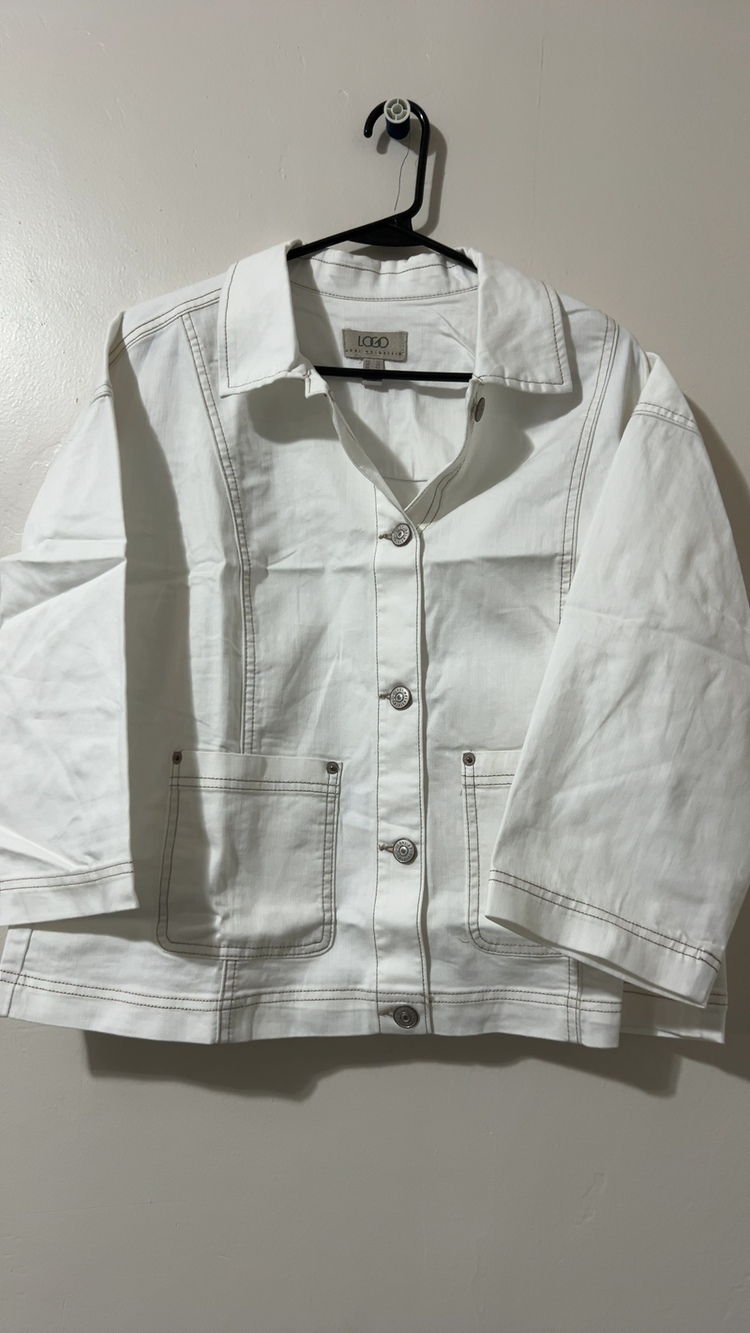 Logo Women's White Denim Jacket Size US 12 Contrast Stitching